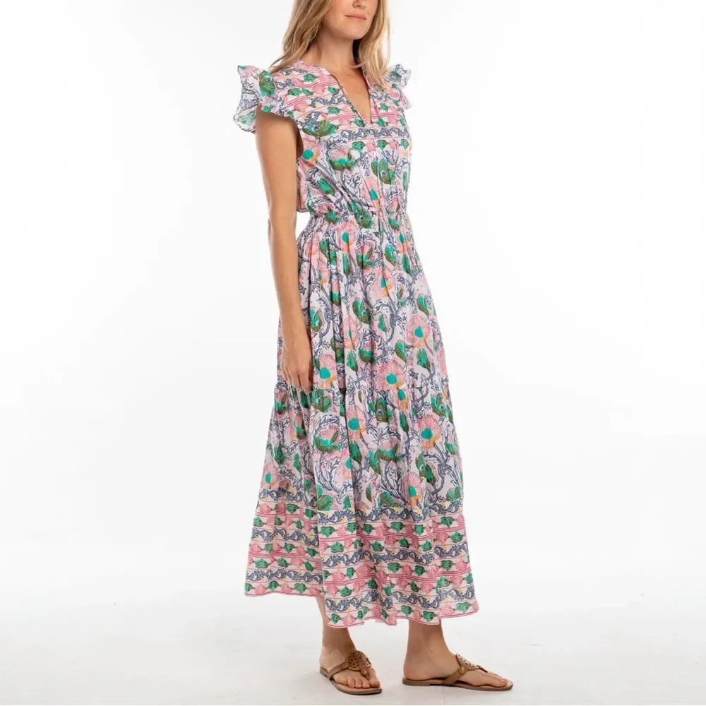 NWT Bindu Anika Dress Pink Multi Floral Ruffle Sleeve Maxi Boho Resort Sz Small - Picture 7 of 13